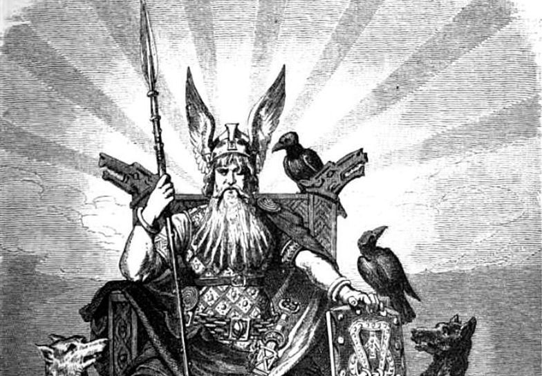 Odin, sentando em seu trono com sua lança e seus corvos