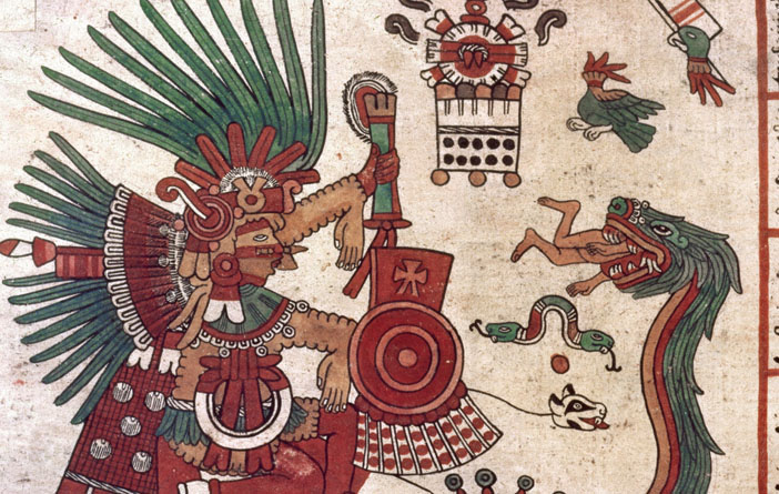 Recorte da imagem do deus Xipe Totec no calendário Tonalamatl. Na estética colorida das artes astecas. Mostrando o deus agachado, de perfil em tons de vermelho e laranja.