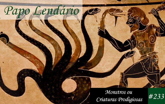 Vitrine do episódio. Um recorte de uma imagem, ilustração antiga em vaso onde mostra a Hidra de Lerna enfrentando Hércules. A Hidra é uma serpente com inumeras cabeças e Hércules segura um de seus pescoços.