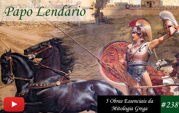 Vitrine do episódio. Recorte de uma pintura que mostra Aquiles segurando o capacete de Heitor numa mão, e um escudo e uma lança na outra. Ele está de pé numa biga puxada por dois cavalos escuros.