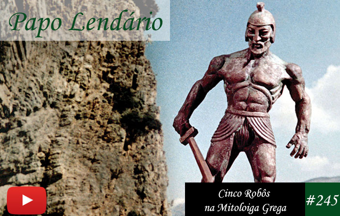 Cena do filme Jasão e os Argonautas, de 1963. Na imagem Talos, um gigante de bronze segurando uma espada. Ao lado esquerdo dele, um rochedo, no fundo, o céu azul e algumas montanhas ao longe. À esquerda em primeiro plano, o texto "Os robôs na mitologia grega"